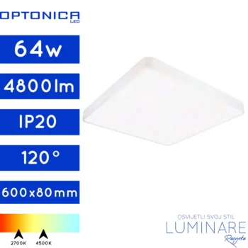 LED PLAFONJERA 64W KVADRATNA BIJELA 600x600x80mm